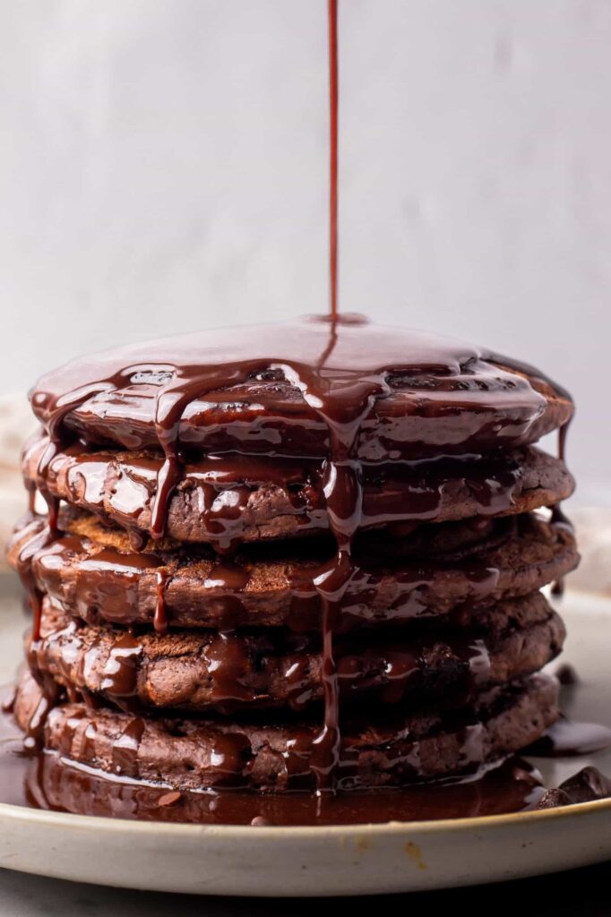 chocolate pancakes with chocolate chips & ganache